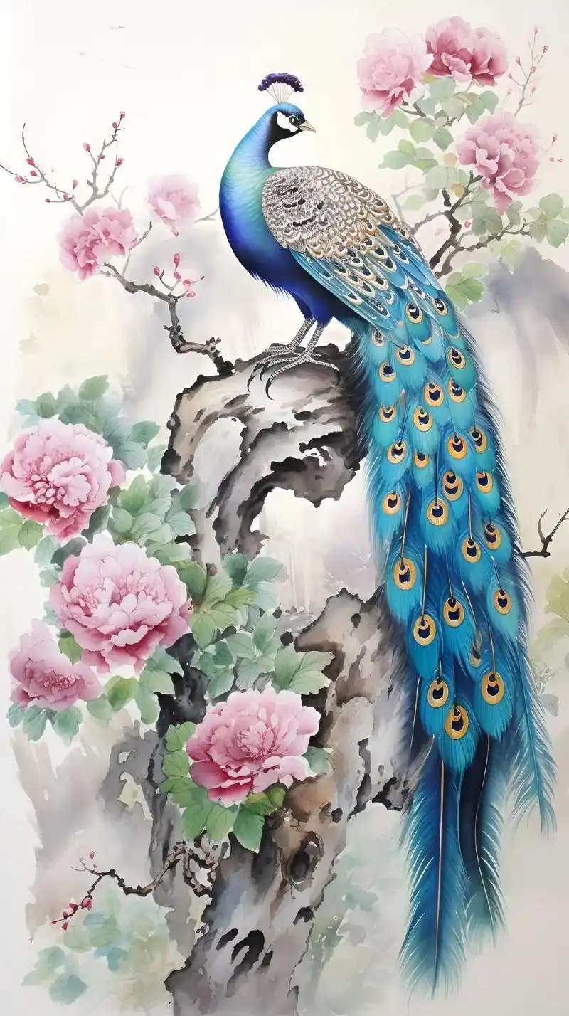 国画水彩牡丹孔雀玻璃工艺.国色天香,富贵荣华!牡丹孔雀搭配为 - 抖音