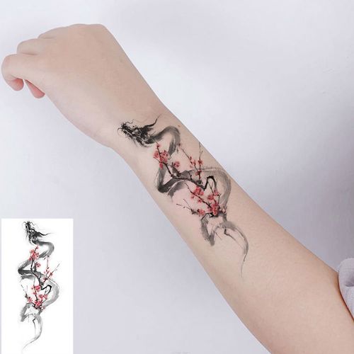 男女防水梅花龙纹身贴手腕脚踝锁骨水墨彩苍龙彩色持久图案刺青贴
