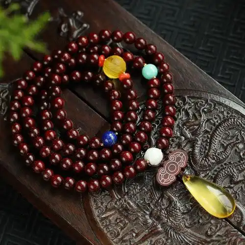 天然印度小叶紫檀7mm108颗佛珠手串百年老料高油高密鸡血红底色