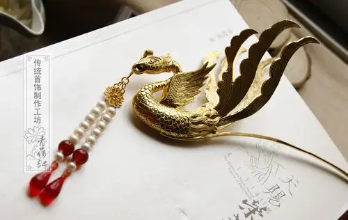 青荷记大唐风精工錾花银鎏金唐宫凤凰步摇