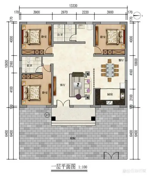 农村自建简欧平房小院,面宽13米多,3室1厅,简单大气,实用舒适