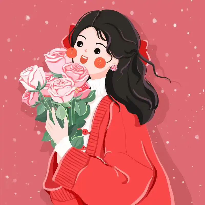 手捧玫瑰的可爱女孩 背景多种配色供大家选择~      插画分享 | 手绘