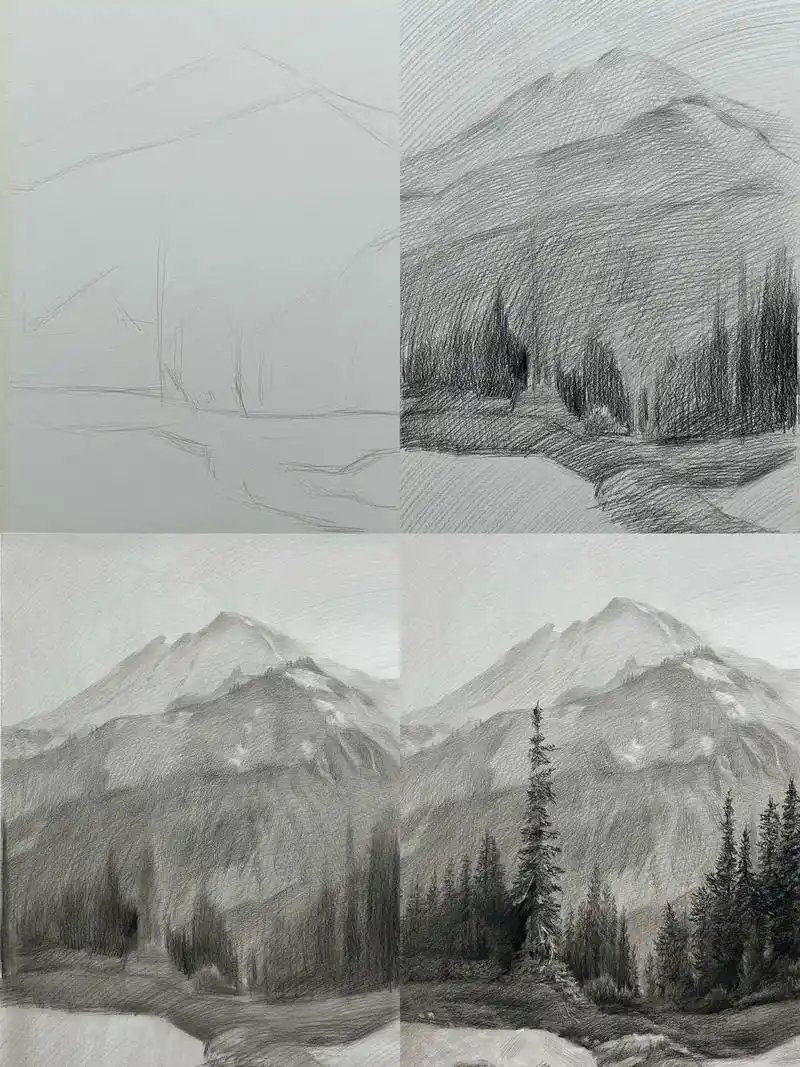 零基础小白也能试试的素描风景.起型如图所示非常简单铺色重点 - 抖音