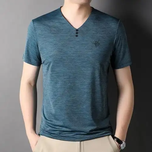 夏季短袖t恤男v领薄款中年凉感冰丝半袖t桖鸡心领汗衫爸爸装体恤