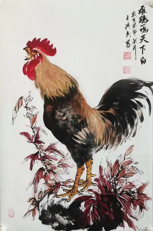 王兴民国画公鸡:形态各异,水墨写意,纯手绘