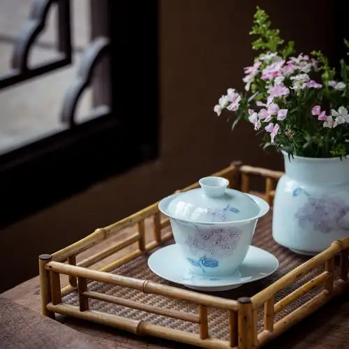 盖碗一器间青衣功夫茶手工绣球花泡茶碗陶瓷茶具盖碗