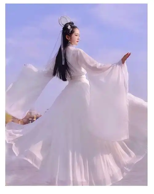 琴怡 广袖流仙裙汉服女中国风白色连衣裙齐腰古装广袖流仙裙春秋夏季