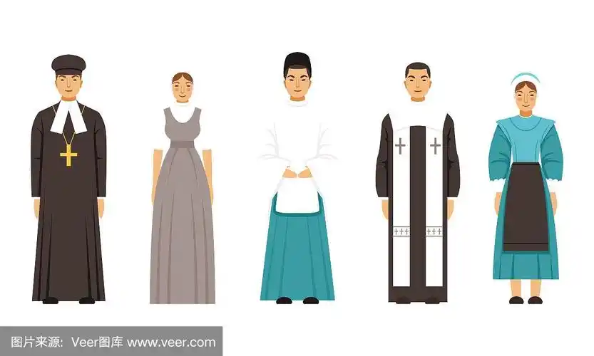 宗教人物在传统服装收集,摩门教,神道教牧师,门诺派或阿米克,天主教