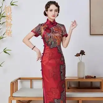 戎诺旗袍裙夏新款宴会真丝旗袍晚礼服长款民族风印花复古中式旗袍图片