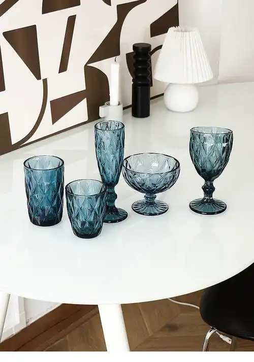 花卉浮雕设计高脚葡萄酒杯简约创意红酒杯 商用玻璃水杯加厚杯子