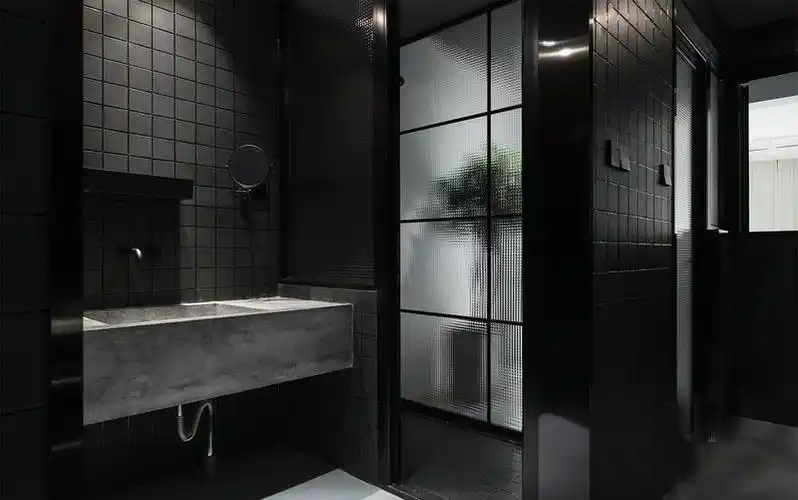 卫生间黑色钛镁合金窄边框一整块双层中空磨砂玻璃平开门造型效果图