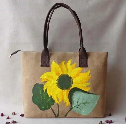 亚麻布手工画手绘向日葵手提包单肩包