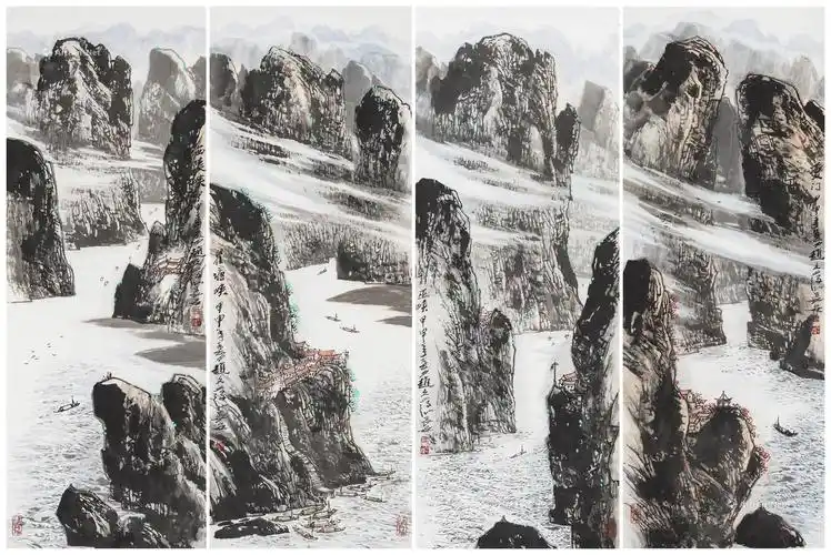 02422004年作山水四条屏托片设色纸本