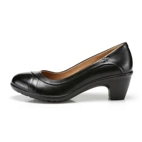 红蜻蜓真皮女鞋单鞋春秋新款正品时尚圆头套脚粗中跟职业女士皮鞋