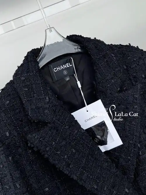 chanel 香奈儿 高级黑中长款西装毛呢外套 王一博同款