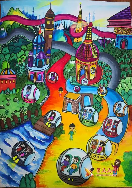 三等奖儿童科技想象画作品新能源水陆两栖观光车