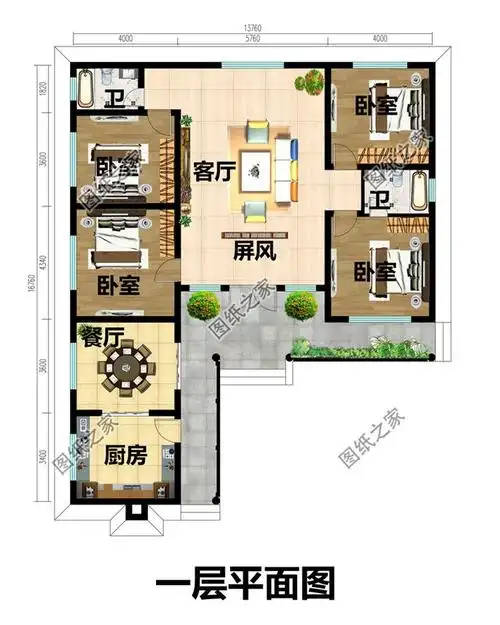 适合7字型宅基地盖的一层别墅,中式风格设计_一层别墅设计图_图纸之家
