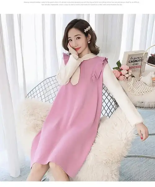 实拍孕妇装秋季新款网红针织大码孕妇连衣裙假两件中长款孕妇裙子