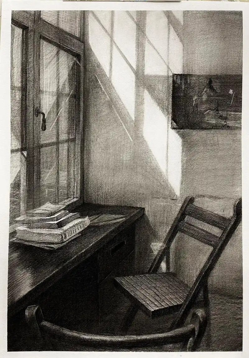 场景素描 书房一角.今天你看书了吗?#跟我一起学画画#美术生 - 抖音