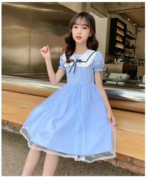 夏天穿的裙子9-12岁薄款学生女童裙夏装儿童海军领纯色长裙小女生洋气