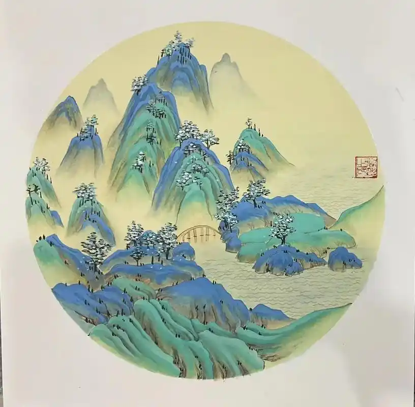 1.这张青绿山水国画用的38.38cm熟宣卡圆纸, - 抖音