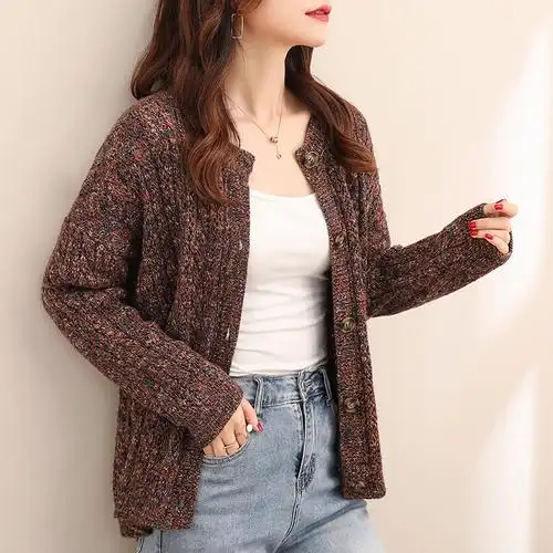 毛线圆领毛衣开衫女2020春秋新款宽松复古加厚毛针织衫