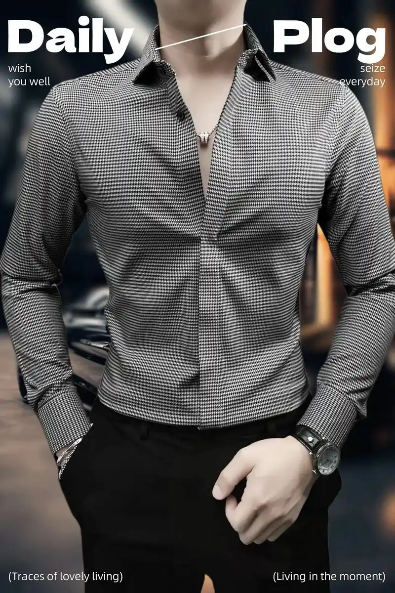 千鸟格衬衫长袖男款痞帅高级感男装春装韩.