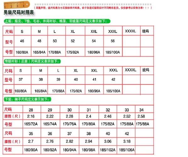 衣服尺码对照表(完美版).