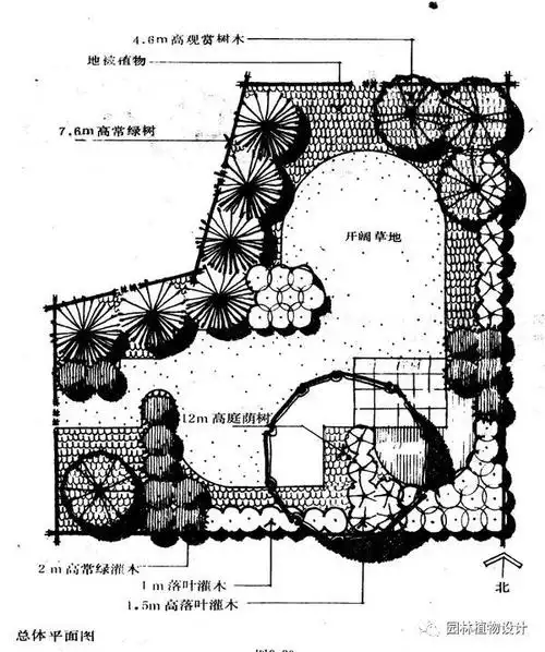 相互之间的配置,考虑植物种类的选择,树丛的组合,平面和立面的构图