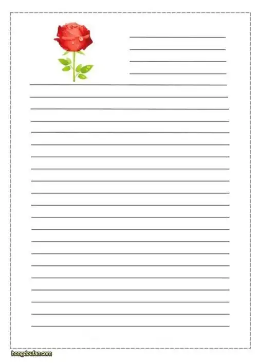 带有一只红色玫瑰花的空白横线纸张背景图片下载