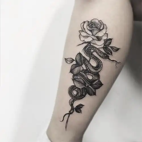 小腿蛇盘玫瑰纹身图案