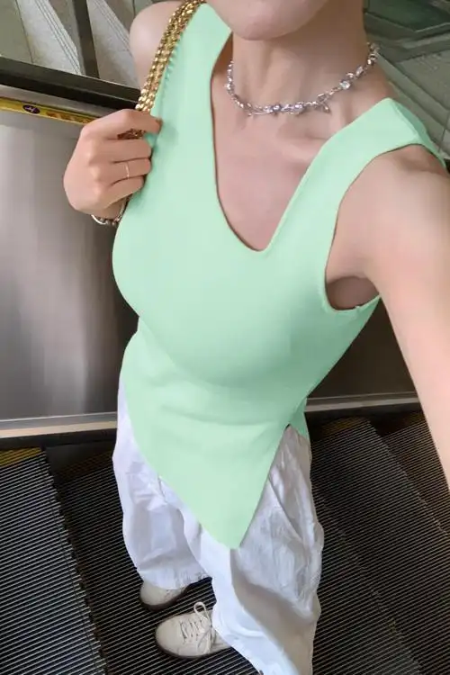 5930#法式别致小背心女夏季小众开叉不规则辣妹无袖吊带上衣外穿 - 17