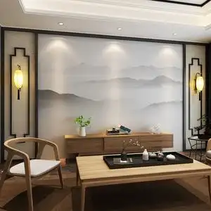 新中式电视背景墙纸现代轻奢水墨山水画客厅壁纸壁画2021新款墙布