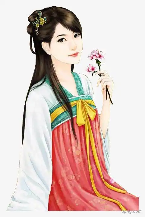 古风美女手持鲜花png素材透明免抠图片-卡通手绘