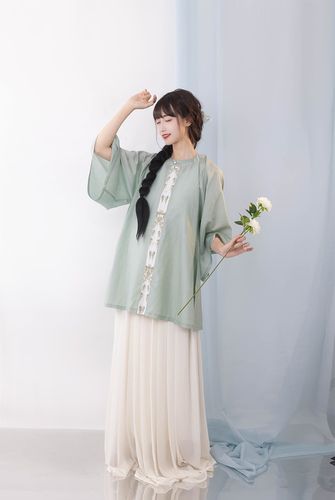 【现货】凤翥斋 恰逢 天丝锦圆领印花对襟半袖衫中长款夏秋汉服