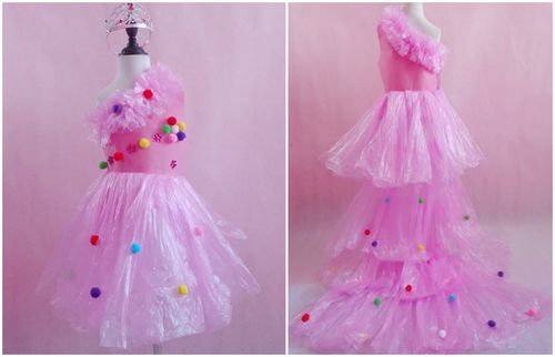 环保女童拖尾裙子垃圾袋衣服亲子走秀儿童演出服