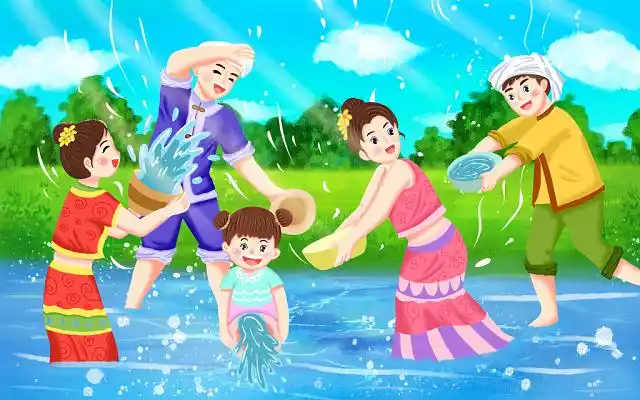 少数名族泼水节卡通手绘原创插画海报