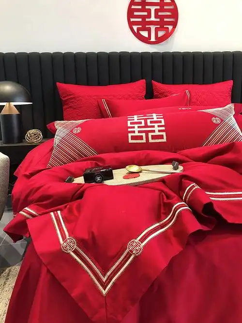 结婚被子喜被四件套新中式简约喜字婚庆刺绣喜被套新婚礼床上用品