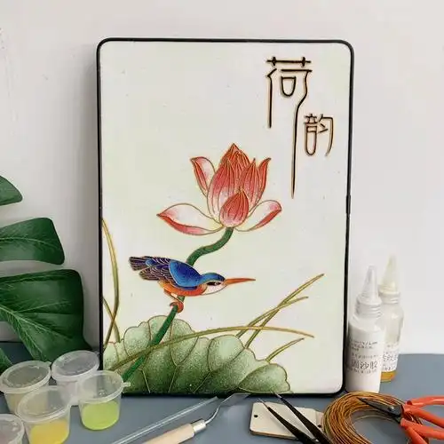 荷花小鸟景泰蓝掐丝珐琅画diy材料包非遗手工艺新中式圆形挂画
