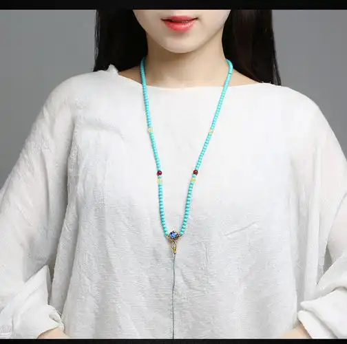 高端品质编织绿松石珠链挂绳挂脖蜜蜡吊坠项链流苏男女款挂件的a款