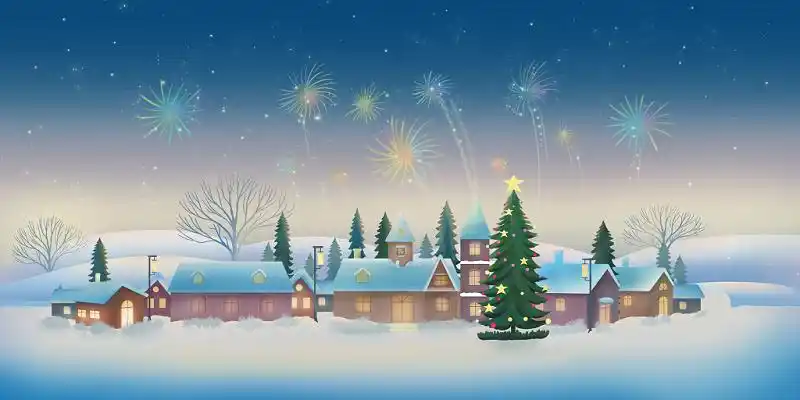 唯美冬天圣诞节建筑房屋烟花风景雪景插画背景
