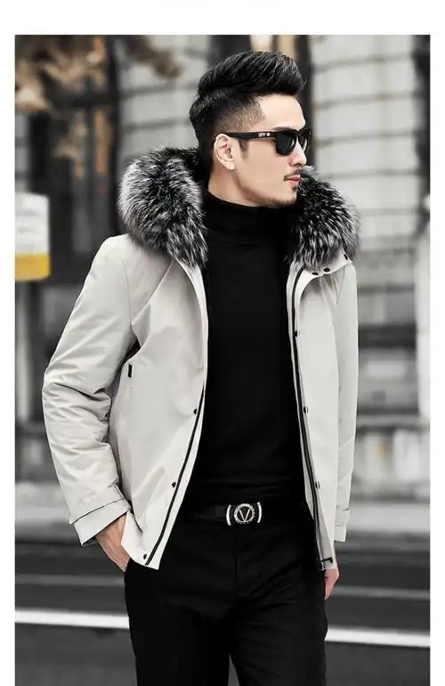 派克服男2020新款皮毛一体外套海宁皮男银狐毛领派克大衣潮流