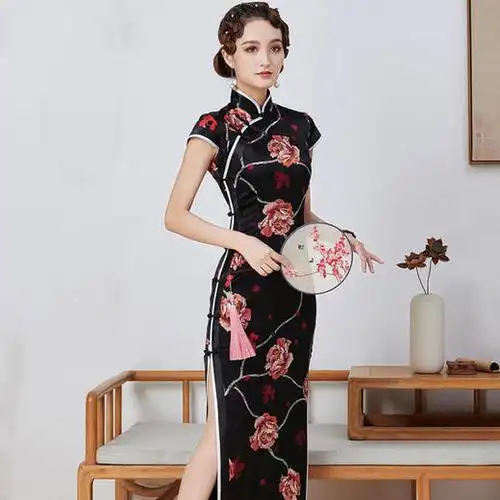 dfsy-qc1697840新款复古优雅立领真丝印花手工盘扣长款旗 - 伊人旗袍