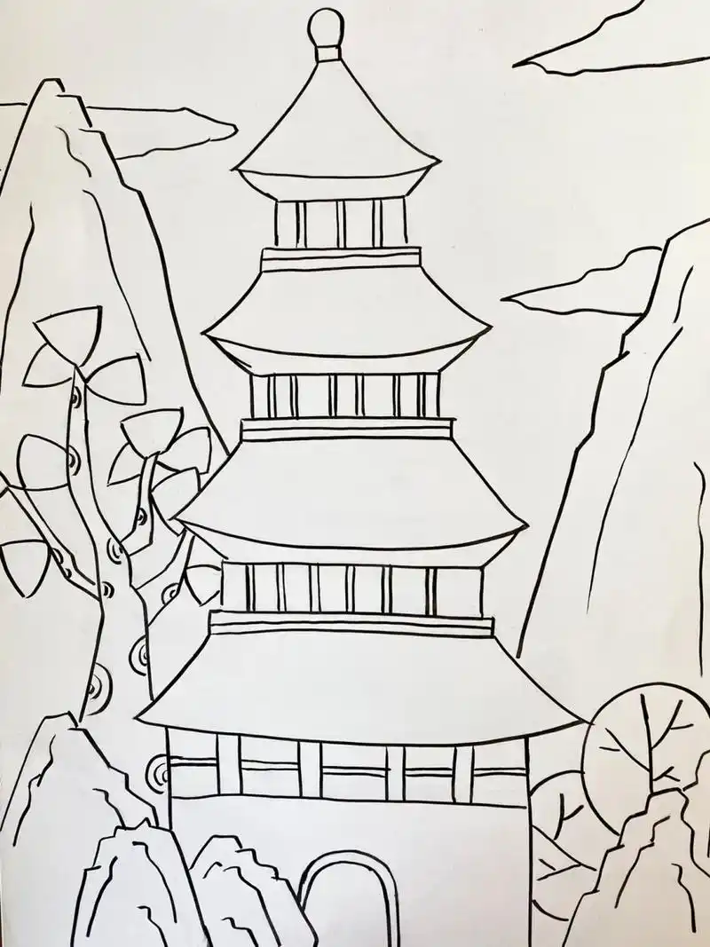 中国古建筑儿童画 简笔画 附绘画步骤
