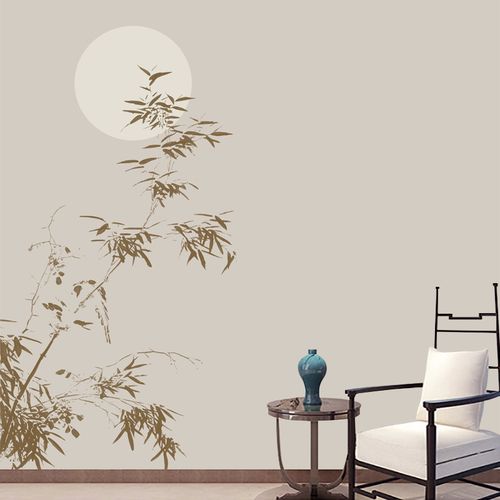 新中式壁纸水墨竹子圆月意境墙纸客厅电视背景墙壁布书房茶室墙布