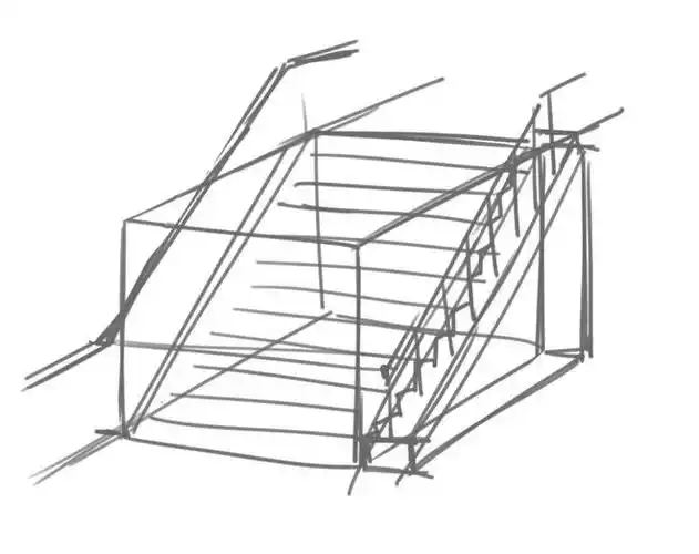 首先,将轮廓做成一个盒子形状.之后,根据需要绘制台阶并添加扶手.