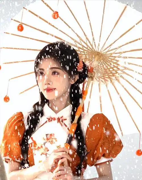 在这组照片中,鞠婧祎身着红色衣裙,撑着一把油纸伞,在雪中漫步.