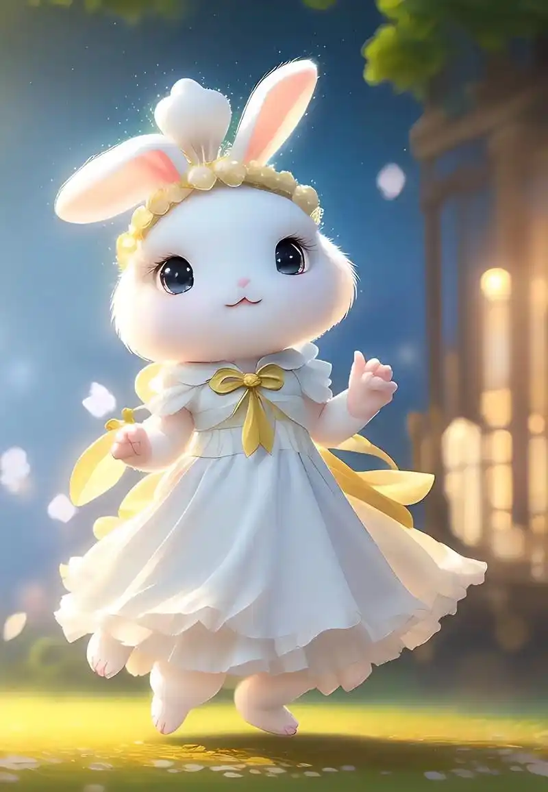 一只超级逗人 喜爱的小小白色仙兔,大眼睛的兔子穿着一件黄色飘 - 抖