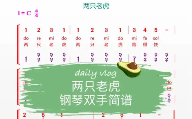 《两只老虎》钢琴双手简谱