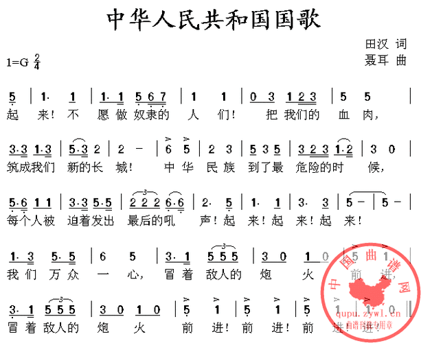 中华人民共和国国歌(简谱)-合唱曲谱- 曲谱 简谱 歌谱 琴谱 总谱 音乐